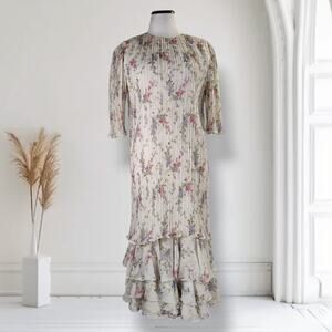 Vintage Judy Hornby Floral Plisse Dress Rhinestone Tiered Hem Romantic Cottage 8